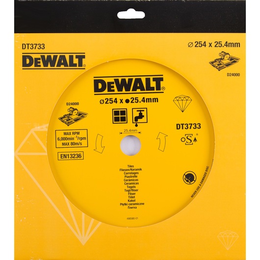 DEWALT DT3733 diamond blade for cutting tiles, 254 x 25.4mm, yellow packaging, suitable for ceramic applications.