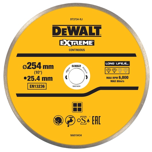 DEWALT DT3734, DT3734-QZ Photography 254mm Extreme blade shown with specs on yellow disk.