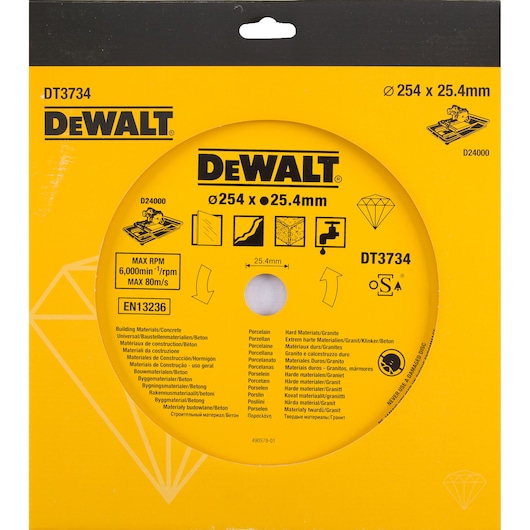 DEWALT DT3734 circular saw blade in yellow packaging, size 254 x 25.4 mm, intended for cutting building materials, concrete, porcelain, and hard materials like granite. The packaging displays product details, maximum RPM 6,000, EN13236 certification, and usage icons.