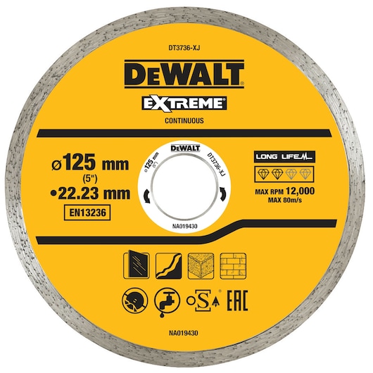 A DEWALT Extreme Continuous diamond cutting disc, model DT3736-XJ, with a diameter of 125 mm (5 inches) and bore size of 22.23 mm. The disc is yellow with safety, material, and specification icons, marked for a maximum speed of 12,000 RPM and suitable for various construction materials.