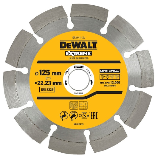 A DEWALT DT3741 Extreme laser segmented circular saw blade with a yellow and black label. Blade specifications include a diameter of 125 mm, a bore of 22.23 mm, and a maximum speed of 12,000 RPM, suitable for cutting stone, concrete, and brick.