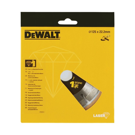 DEWALT DT3741 photography product packaging. The image shows a yellow and black box with DEWALT branding, a diamond illustration, information about materials suitable for use (concrete), and a visible section of a circular blade.