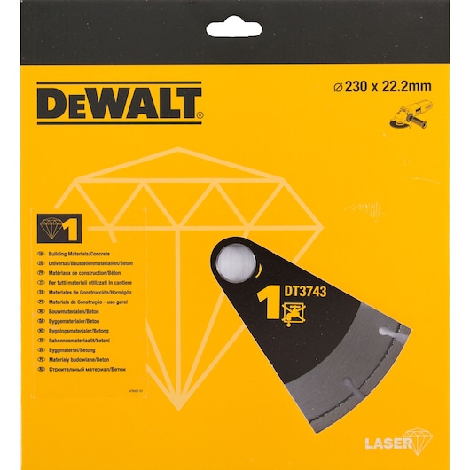 Packaging for a DEWALT DT3743 diamond cutting disc, intended for building materials and concrete. The box is yellow with black details, showing specifications including 230 mm diameter and 22.2 mm bore size. The package displays an illustration of a diamond and the word 'LASER'.