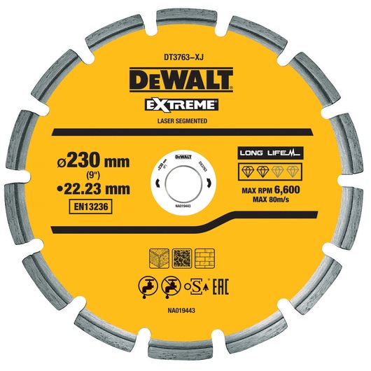DEWALT DT3763 Extreme segmented diamond saw blade, 230mm diameter, 22.23mm bore, yellow with product details.