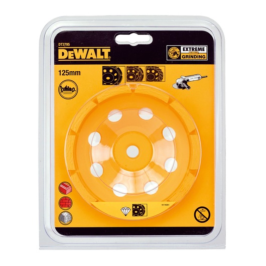 Packaged DEWALT DT3795 extreme grinding wheel, 125mm diameter. The packaging is yellow and black, shows the grinding wheel in a clear plastic window, and includes product information and symbols indicating use for masonry, brick, and concrete.