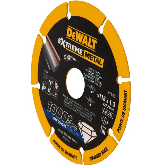 DEWALT DT40251 Extreme Metal cutting disc with diamond edge for metalwork, featuring safety and usage details.
