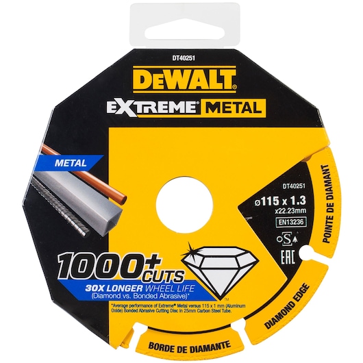 DEWALT DT40251 Extreme Metal diamond edge cutting disc for metal, 115x1.3mm, over 1000 cuts, yellow packaging.