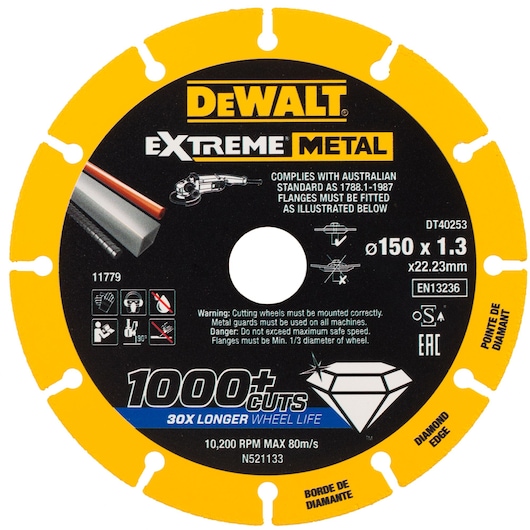 DEWALT DT40253 Extreme Metal cutting disc with diamond edge, 150mm diameter, for power tools.