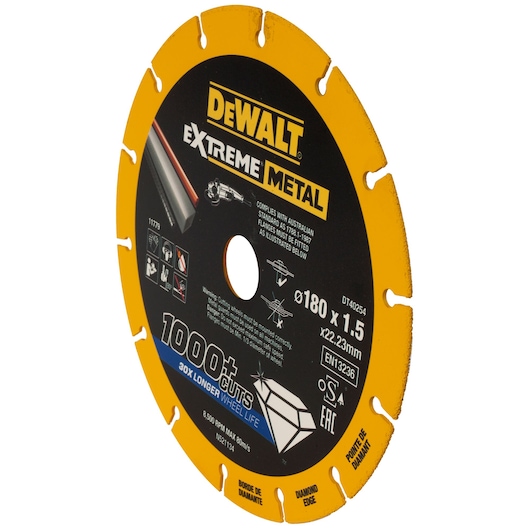 DEWALT Extreme Metal cutting wheel DT40254 with diamond edge for metal, black and yellow, 180 mm diameter.