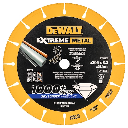 DEWALT Extreme Metal diamond edge cutting wheel, DT40256 with a diameter of 305mm, 3.3mm thick, and 25.4mm arbor hole. The wheel features yellow and black colors, is suitable for cutting metal, and offers up to 1000+ cuts and 30x longer wheel life. Product complies with EN13236 safety standard and includes user warnings about mounting and guard usage.