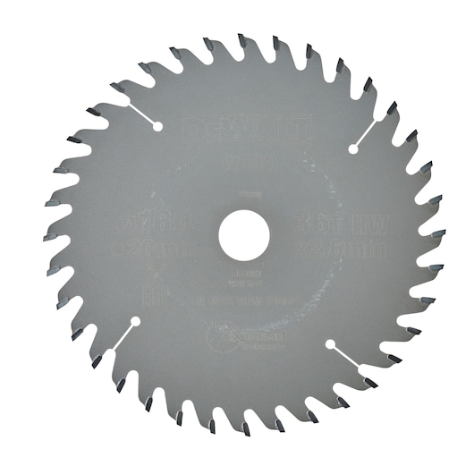 A DEWALT DT4057 circular saw blade with carbide-tipped teeth, designed for workshop use. The blade is silver with a central hole and has multiple teeth around its edge.