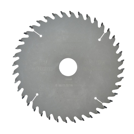 A circular saw blade for woodworking with sharp teeth, made of metal. The blade has detailed engravings specifying its size and technical specifications.
