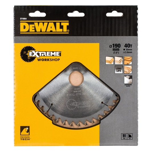 Front view of a DEWALT Extreme Workshop circular saw blade in its packaging. The packaging is mostly yellow and gray, and clearly displays the blade inside. The specifications on the package state that the blade is 190 mm in diameter, has 40 teeth, a 30 mm bore, and a thickness of 2.6 mm. The packaging also highlights the blade's suitability for wood and its longevity.