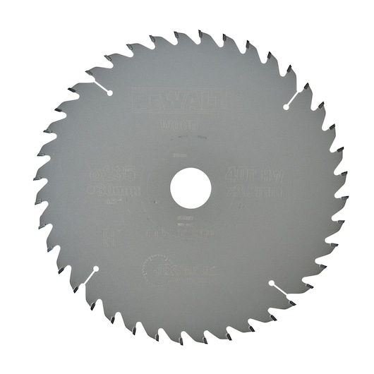 A DEWALT circular saw blade designed for cutting wood, featuring sharp teeth around the edge and a central hole for mounting. The blade displays product specifications including diameter and tooth count.
