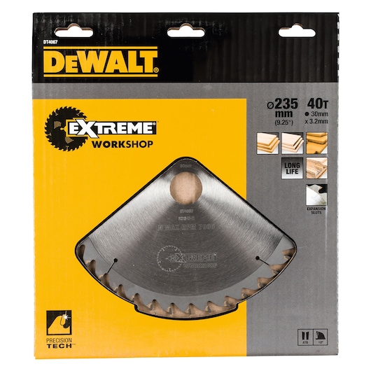 DEWALT Extreme Workshop circular saw blade in packaging, showing the silver blade with sharp teeth through a transparent window. The packaging indicates the blade size is 235 mm (9.25 inches) with 40 teeth, suitable for cutting wood and wood-based materials. Markings highlight long life and expansion slots.
