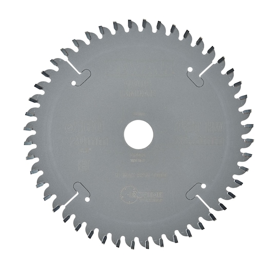 DEWALT DT4084 circular saw blade for wood and laminate, silver, with sharp teeth and central mounting hole.