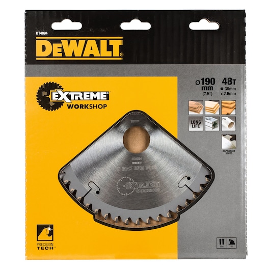 DEWALT Extreme Workshop 190mm 48T saw blade in retail packaging, suitable for wood and PVC cutting.