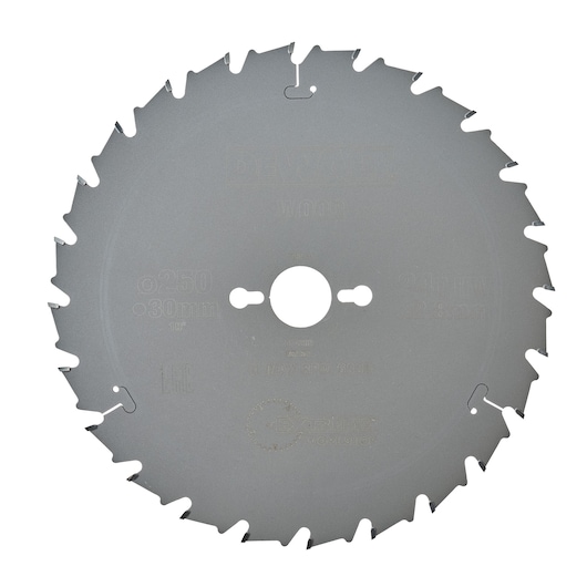 A circular saw blade made of metal with sharp teeth around its edge, designed for cutting wood. The blade has a central hole for mounting and is branded DEWALT.