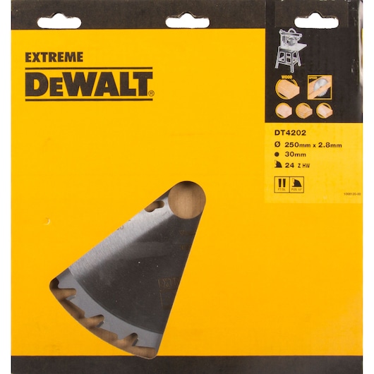 DEWALT Extreme DT4202 circular saw blade packaging in yellow and black. The package displays a partial view of the saw blade through a window, product specifications including 250mm diameter, 2.8mm thickness, 30mm bore, and 24 teeth. Suitable for cutting wood.