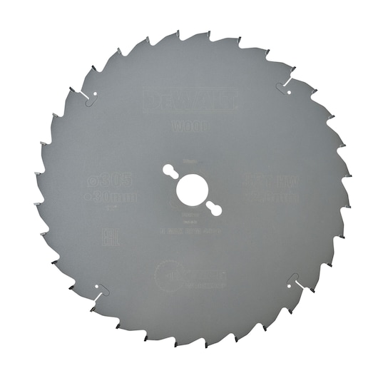 A DEWALT circular saw blade designed for woodworking, with sharp teeth around the edge and product specifications etched onto the metal surface.