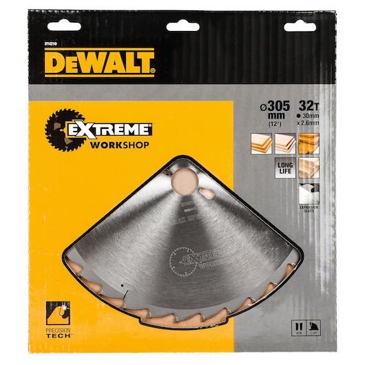 DEWALT DT4210 Extreme Workshop circular saw blade in original packaging. The blade is 305mm in diameter, has 32 teeth, and is designed for cutting wood materials. Packaging shows features such as long life and expansion slots.