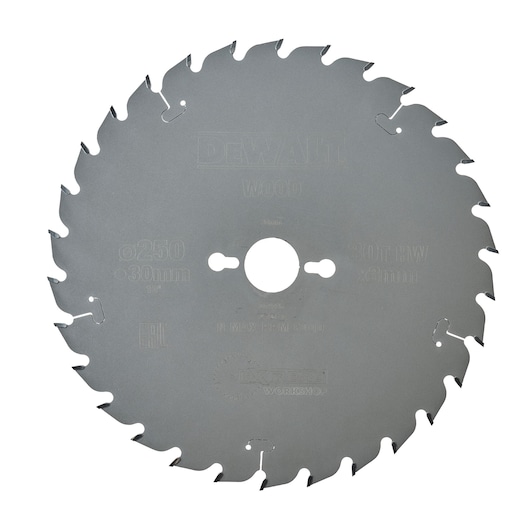 A circular saw blade from DEWALT, designed for cutting wood. The blade is metallic, has numerous teeth around its edge, and features product specifications such as diameter, tooth count, and maximum speed etched onto the surface.
