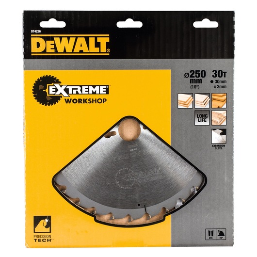 DEWALT DT4226 Extreme Workshop circular saw blade in retail packaging. The packaging is yellow and black, and displays product features such as 250 mm diameter, 30 teeth, long life, and suitability for various types of wood materials.