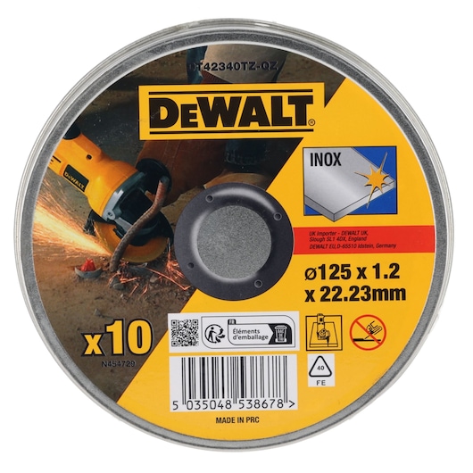 DEWALT DT42340TZ 125mm cutting disc pack, labeled for stainless steel, includes specifications and safety icons.