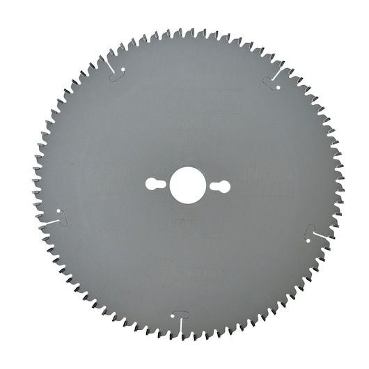 A circular saw blade with evenly spaced teeth, made of metal, shown against a white background.