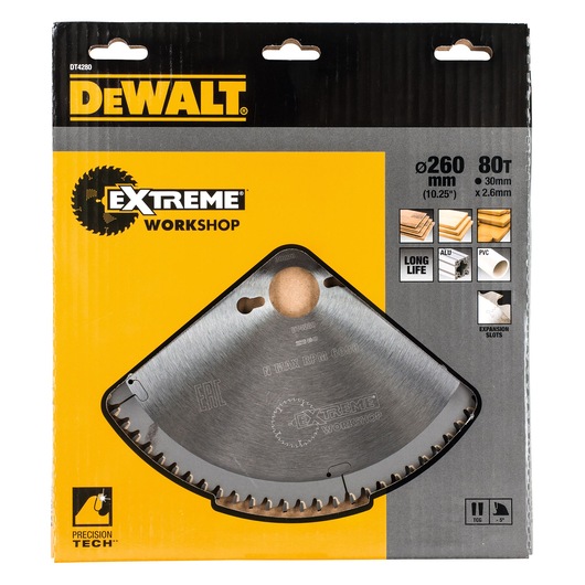 DEWALT DT4280 Extreme Workshop circular saw blade in its packaging, featuring a 260mm diameter, 80 teeth, suitable for cutting wood, aluminum, and PVC. The packaging is mainly yellow and black with product features and icons displayed.