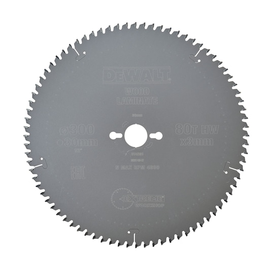 A circular saw blade for wood and laminate, labeled DEWALT, with 80 teeth, diameter 300mm, and 30mm arbor hole. The blade is grey and contains technical details engraved on its surface.