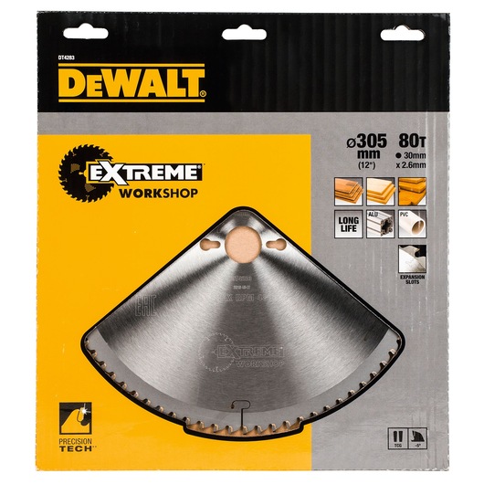 DEWALT DT4283 saw blade for woodworking in yellow-black packaging, 305mm, 80 teeth, Extreme Workshop series.