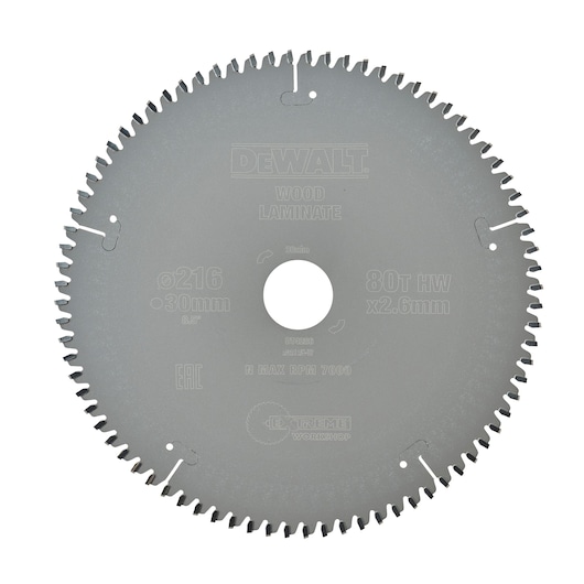 A DEWALT circular saw blade designed for wood and laminate, with 80 teeth and specifications of 216 mm diameter and 30 mm arbor hole.