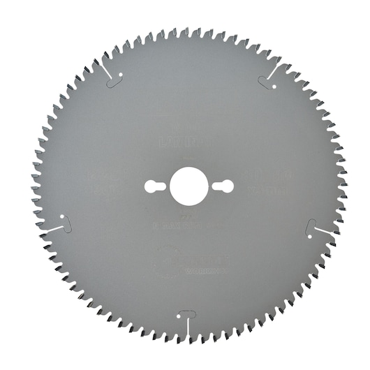 A circular saw blade with numerous fine teeth and a central mounting hole, suitable for wood or laminate cutting.