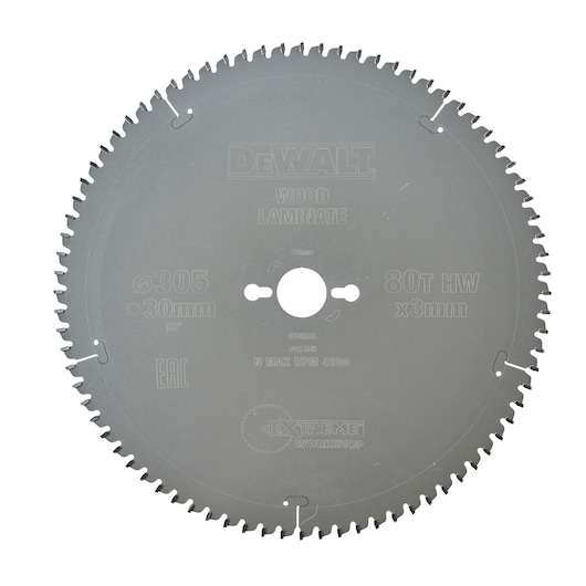 DEWALT DT4288 circular saw blade for wood and laminate, with 80 teeth and a diameter of 305mm. The blade is made of metal and designed for cutting applications in workshops.