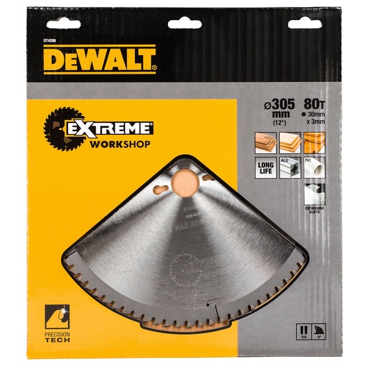 DEWALT DT4288 Extreme Workshop saw blade in retail packaging. The packaging displays product information including 305 mm diameter, 80 teeth, 30 mm x 3 mm size, suitable for wood, aluminum, and PVC, features for long life and precision tech. The blade is partially visible with the DEWALT and Extreme Workshop logos.