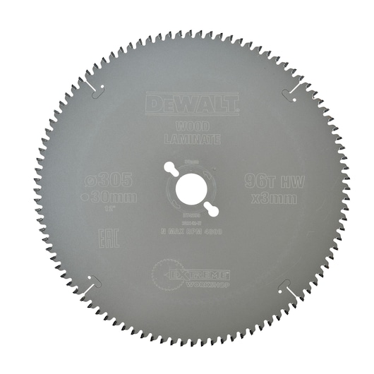 Circular saw blade for wood and laminate with 96 teeth, 305mm diameter, and 30mm bore from DEWALT, labeled Extreme Workshop.