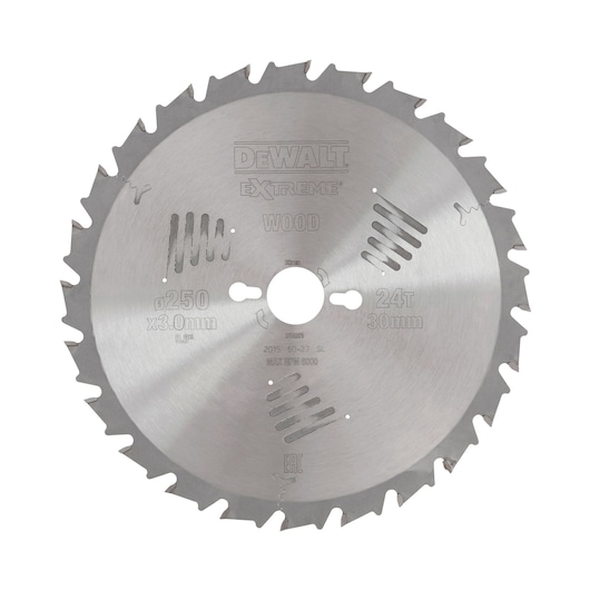 A circular saw blade for wood from DEWALT, labeled 'EXTREME,' featuring 24 teeth, a diameter of 250mm, and a bore size of 30mm. The blade is made of metal and has specifications and branding engraved on its surface.