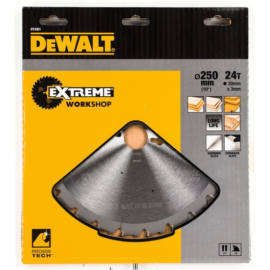 DEWALT DT4301 Extreme Workshop saw blade in its packaging, showing specifications such as 250 mm diameter, 24 teeth, and 30 mm x 3 mm dimensions. The packaging highlights features including long life, harmonic and expansion slots, and suitability for wood materials.