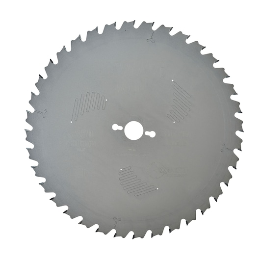 Circular saw blade with sharp teeth and slots for cooling, photographed against a white background.