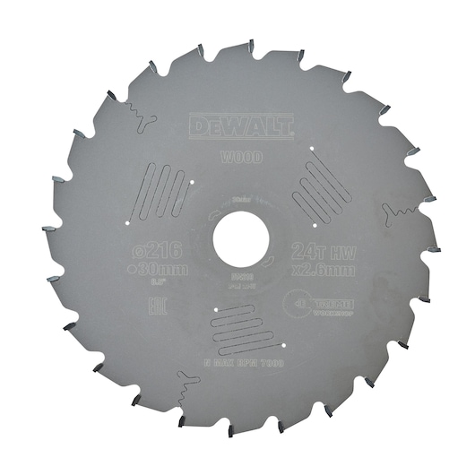 A DEWALT circular saw blade for cutting wood. The blade is metallic, features multiple teeth, and has technical markings such as diameter (216 mm), bore size (30 mm), thickness (2.6 mm), and number of teeth (24T). The center hole is visible and the product code DT4310 is printed on the blade.