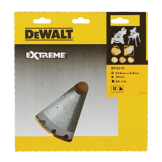 DEWALT DT4310 packaging showing a circular saw blade for woodworking. The box features the DEWALT Extreme branding, product specifications including 216mm x 2.6mm, 30mm bore, 24 teeth HW, and graphical illustrations indicating use for wood and speed. Part of the blade is visible through a cut-out window.