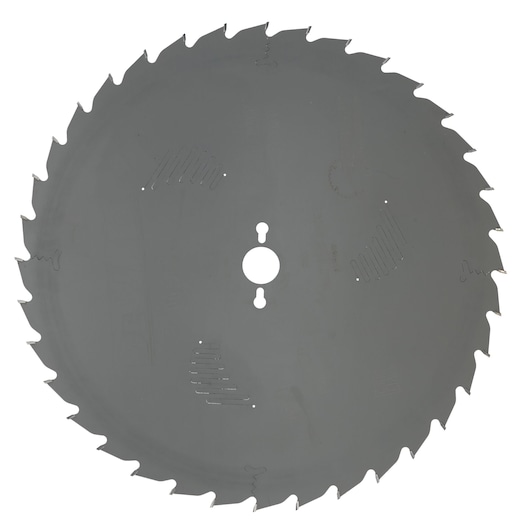 Circular saw blade with sharp teeth and central mounting hole, designed for cutting wood or similar materials.