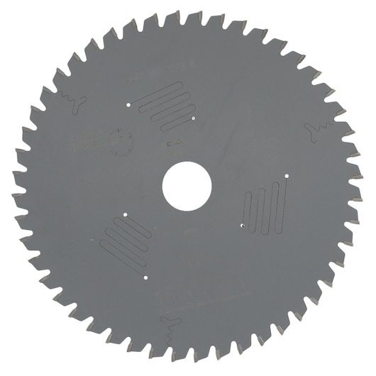 A circular saw blade with numerous teeth, made of metal. The blade has a central hole for mounting and several curved and straight cut-outs for stability and heat dissipation.
