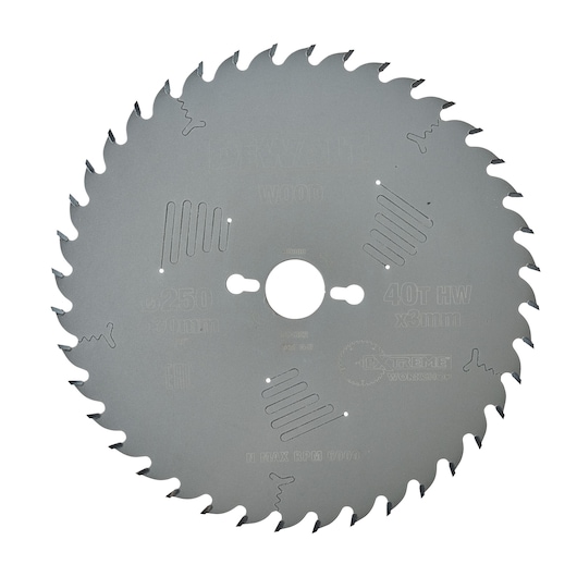 Circular saw blade for wood cutting by DEWALT, model DT4322, featuring 40 teeth and central mounting hole.