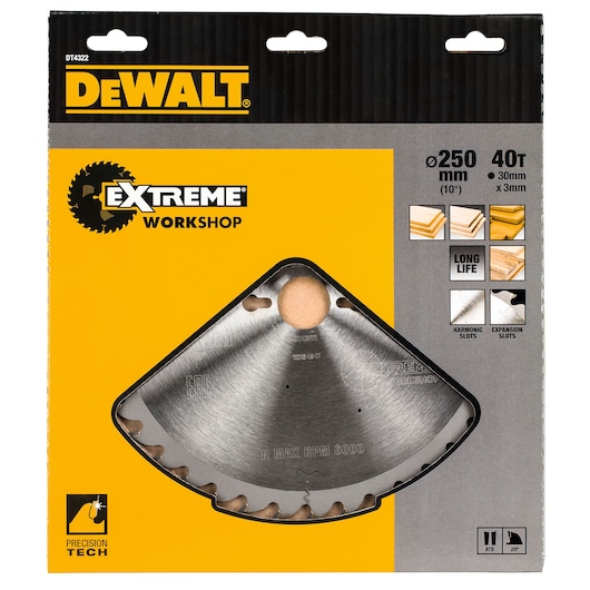 DEWALT DT4322 Extreme Workshop circular saw blade in original packaging, featuring a 250 mm diameter and 40 teeth. Packaging includes details for wood types, long life, harmonic slots, and expansion slots.