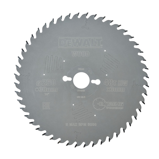 DEWALT DT4323 circular saw blade for wood, 250mm diameter, 30mm bore, 48 teeth, extreme workshop series, silver color.