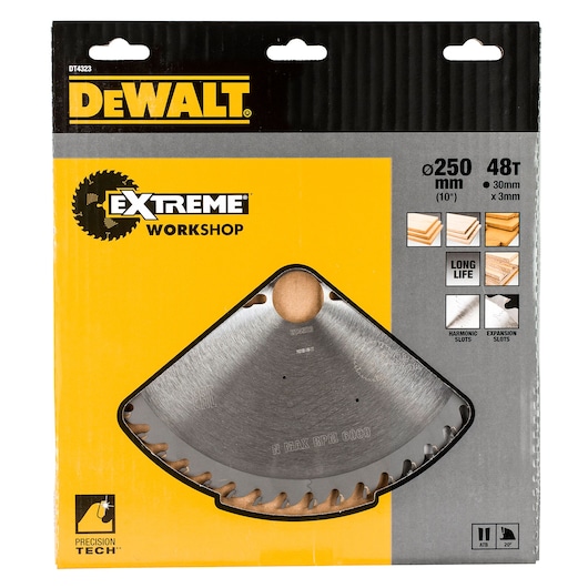 Front view of a DEWALT Extreme Workshop circular saw blade (SKU: DT4323) in packaging. The packaging is yellow and black, displaying product features such as 250 mm diameter, 48 teeth, and suitability for wood and workshop tasks.