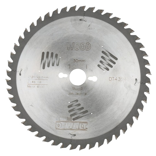 Circular saw blade for wood with DEWALT branding, featuring a diameter of 260mm, 48 teeth, and a central hole measuring 30mm. Model DT4324.