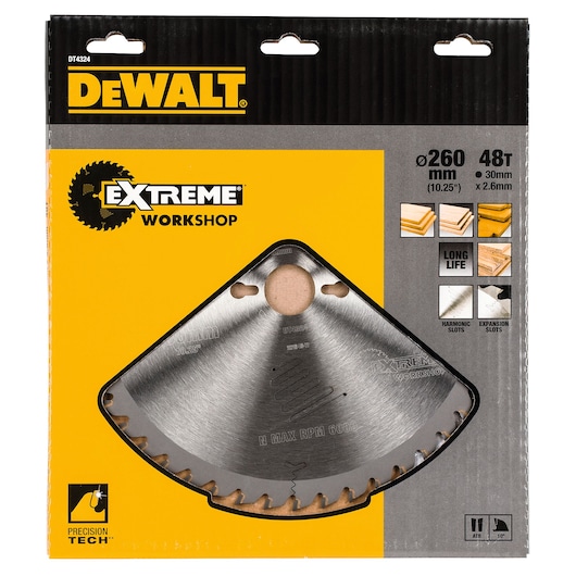 DEWALT DT4324 Extreme Workshop circular saw blade in packaging, showing specifications such as diameter 260mm (10.25 inches), 48 teeth, 30mm bore, and 2.6mm thickness. The packaging highlights features like long life, harmonic slots, and expansion slots with icons and wood material applications.